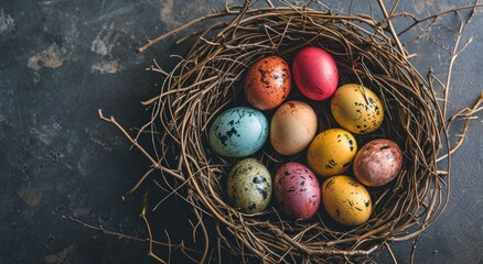 a nest with colorful eggs