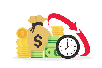 Time is money concept. Quick money. Stopwatch and portfolio performance graph. Revenue increase chart, business growth, return on investment, fast loan, financial success. Timer, watch and finance.