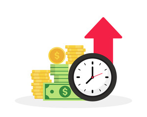 Time is money concept. Quick money. Stopwatch and portfolio performance graph. Revenue increase chart, business growth, return on investment, fast loan, financial success. Timer, watch and finance.