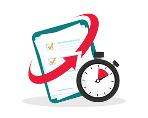 Quick services, checklist and stopwatch. Quick survey. Planning, procrastination and efficiency, project management, quick questionnaire. Speed and fast time symbol. Vector illustration - obrazy, fototapety, plakaty