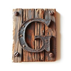 a wooden sign with a metal letter g