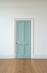 a blue door in a white room
