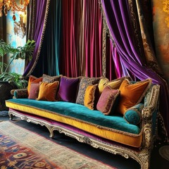 a couch with colorful pillows in a room
