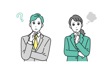 難しい顔で悩んでいるビジネスパーソンのイラスト