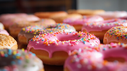 Tłusty Czwartek - pyszne lukrowane na różowo pączki i oponki z marmoladą. Smakowity upieczony donut. Dużo kalorii czyli jedzenie słodkich wypieków - obrazy, fototapety, plakaty