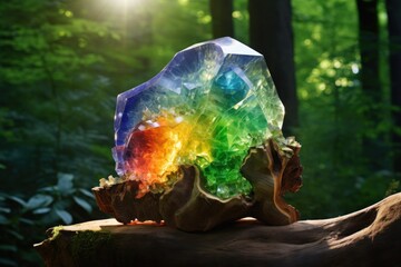 a rainbow colored crystal on a piece of wood