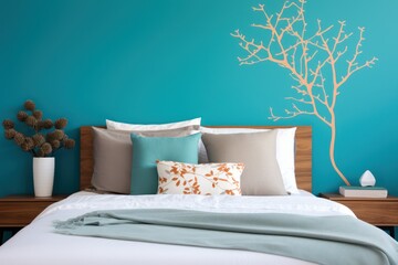 a bed with pillows and a wall sticker