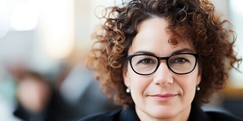 a woman with curly hair wearing glasses - obrazy, fototapety, plakaty