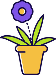 Purple flower in a pot with green leaves illustration. Single potted plant, simple style, home decor flora.