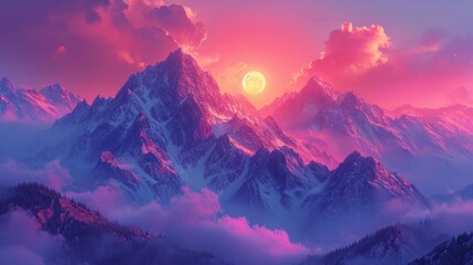  a sunset view of a mountain range with clouds and a full moon in the sky with a pink and purple hue. - obrazy, fototapety, plakaty