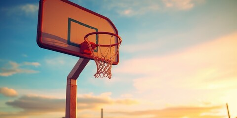 Basketball Hoop Against a Sunset Sky with Clouds. Street Ball, Sports Competition. Evening Outdoor Leisure. Generative AI