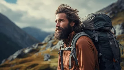 Foto op Canvas side view portrait of a tramp tourist male loner shaggy with a beard and a backpack in a warm jacket with extreme equipment. adventure man explorer on the mountain in bad weather in autumn. journey © yana136