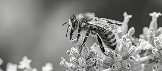 Monochrome image of a honey bee on lavender in June. - Powered by Adobe