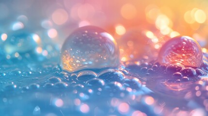  a close up of a bunch of bubbles on a blue surface with a pink and yellow light in the background.