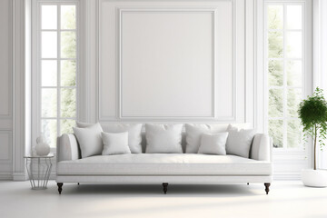 Modern living room interior with white sofa white pillows white windows