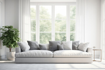 Modern living room with grey sofa and large white window green plant