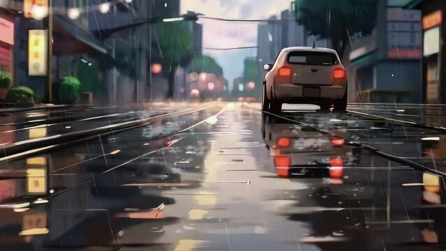 close up wet road when it rains. Anime art style. Loop vidio anime  style