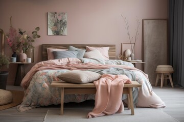 In a pastel bedroom, a king size bed is adjacent to a wooden stool with white flowers in it. The blanket is braided pink