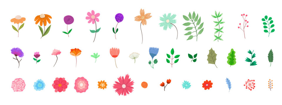 Set of cute hand drawn colorful vector flowers and leaves for summer patterns, spring greeting card design, logo, banner
