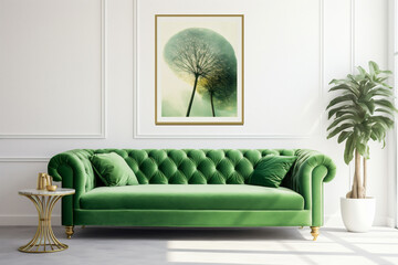 Midcentury modern luxury aesthetics living room with green velvet couch and green plants