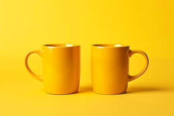 Two yellow mugs on a yellow background mockup