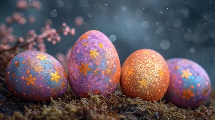  a group of three painted eggs sitting on top of a moss covered ground with flowers in the middle of it.