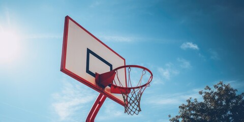 Outdoor Basketball Hoop with Red Accents Under a Clear Blue Sky with Sunlight. Generative AI