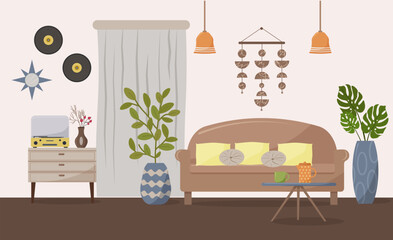 Living room design illustration. Sofa against the background of a window with a curtain. A stand with a player, decorative plants in pots and vases. Coffee table with cup and coffee pot. Modern