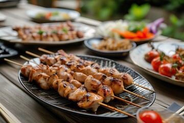 Chicken kebabs on skewers yakitoria. Traditional Japanese dish cooked over open coals.