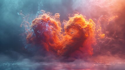  a heart made out of fire and smoke on a blue and red background with smoke billowing out of it.