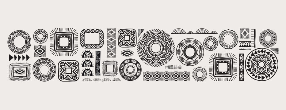 African pattern elements, symbols, icons. Black and white tribal, Aztec, African, Indian hand drawn lines, elements, circles. Concept illustrations collection
