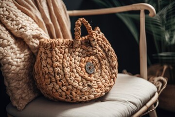Obraz premium Handmade wicker bag resting on the armchair. concept for the trip