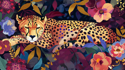 a painting of a cheetah resting on a branch of a tree surrounded by wildflowers and leaves.