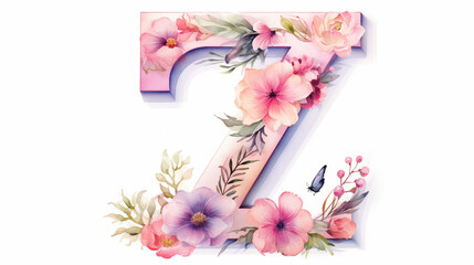 Uppercase english letter Z. Colorful watercolor aquarelle font type. Floral Alphabet. Botanic flower, leaf composition. Good for wedding, bridal, birthday, greeting, baby shower card, design element