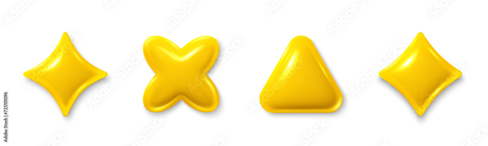 Poster set of yellow different 3d shapes. stars, triangle glossy elements. realistic 3d design cartoon styl
