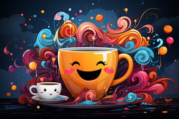 Joyful Coffee Adventure: Whimsical Cartoon-Style Cup and Saucer