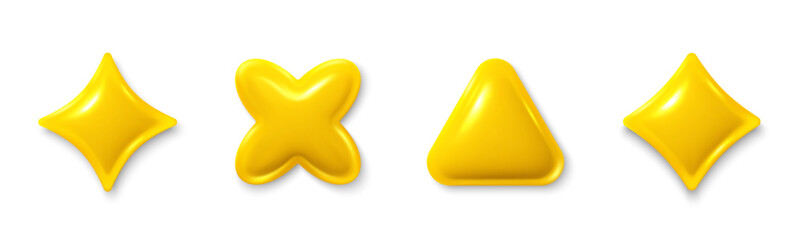 Set of yellow different 3d shapes. Stars, triangle glossy elements. Realistic 3d design cartoon style. Abstract objects for 3d design elements. Yellow golden star. Vector illustration
