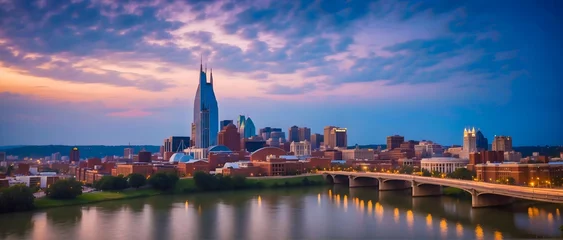 Fotobehang Panoramic view of charlotte north carolina at sunset, america, apartment, architecture, banking, beautiful, big, blue, building, business, carolina, center, charlotte, city, commerce, district, down © woollyfoor