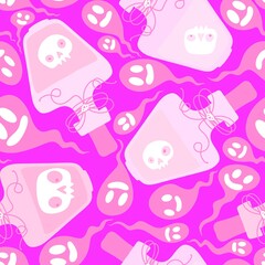 Cartoon retro poison bottle seamless witch Halloween magical accessories pattern for wrapping paper and fabrics