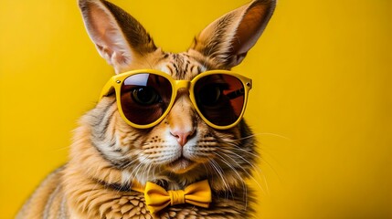 Bengal cat wearing sunglasses and bow tie on yellow background, sunglasses, cat, white, summer, fashion, style, sun, background, black, female, isolated, woman, design, eye, glasses, retro, wear, sty