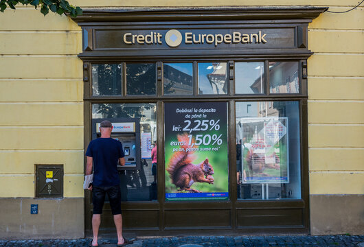 Sibiu, Romania - July 7, 2016: Credit Europe Bank on Piata Mare - Large Square in Old Town of Sibiu