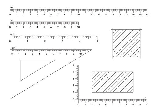 Rulers inch and metric rulers. Measuring tool. Centimeters and inches measuring cm metrics indicator. Triangle ruler, square meter area. Measure distance tool in centimeters. Vector illustration