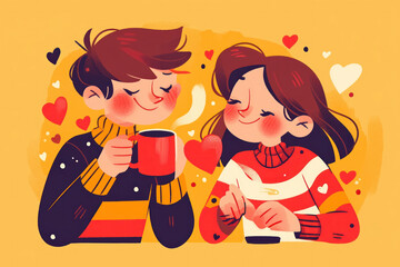 Valentine's card Cartoon couple in love drinking coffee, with hearts on background. Valentine's day