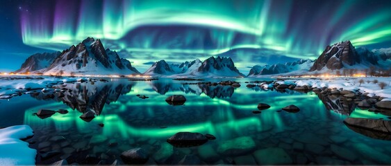 Aurora borealis, northern lights over snow-capped mountains, snow, night, winter, nature, sky, aurora, cold, green, borealis, northern, over, mountain, landscape, arctic, north, light, sea, natural