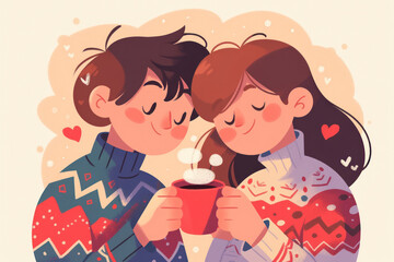 Valentine's card Cartoon couple in love drinking coffee, with hearts on background. Valentine's day