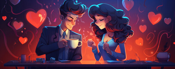 Valentine's card Cartoon couple in love drinking coffee, with hearts on background. Valentine's day