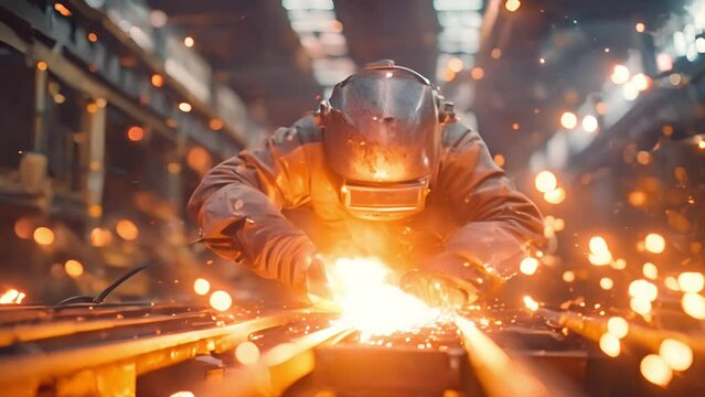 Proffessional welder at work. Handymen performing welding and grinding at their workplace in the workshop, while the sparks fly all around them, they wear a protective helmet and equipment. Sparkling 