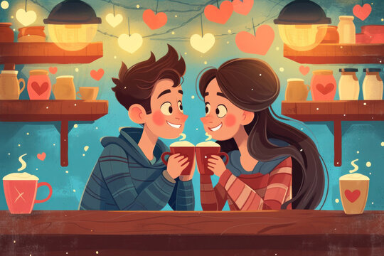 Valentine's card Cartoon couple in love drinking coffee, with hearts on background. Valentine's day