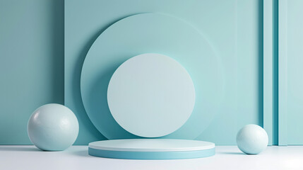 A minimalistic podium set against an abstract pastel blue and white backdrop with geometric shapes in a trendy 3D rendition