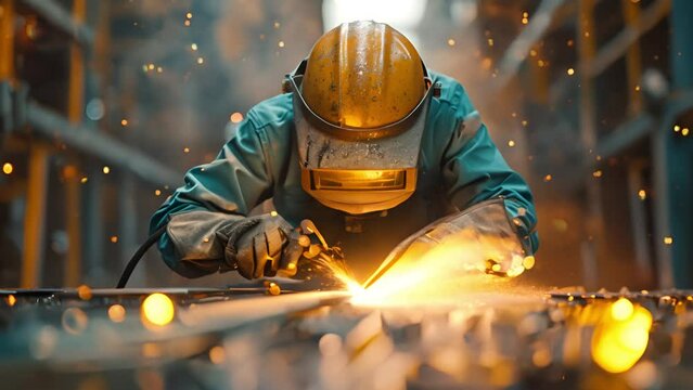 Proffessional welder at work. Handymen performing welding and grinding at their workplace in the workshop, while the sparks fly all around them, they wear a protective helmet and equipment. Sparkling 